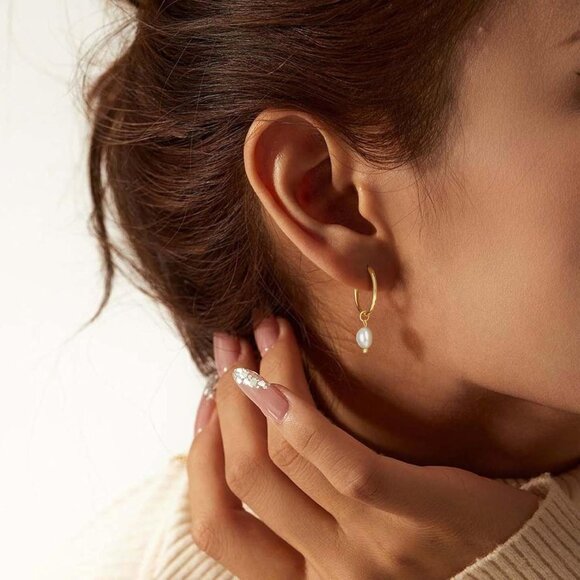 Glossy Pearl Small Pearl Drop Huggie Hoop Hypoallergenic Dainty Earring - Picture 2 of 7